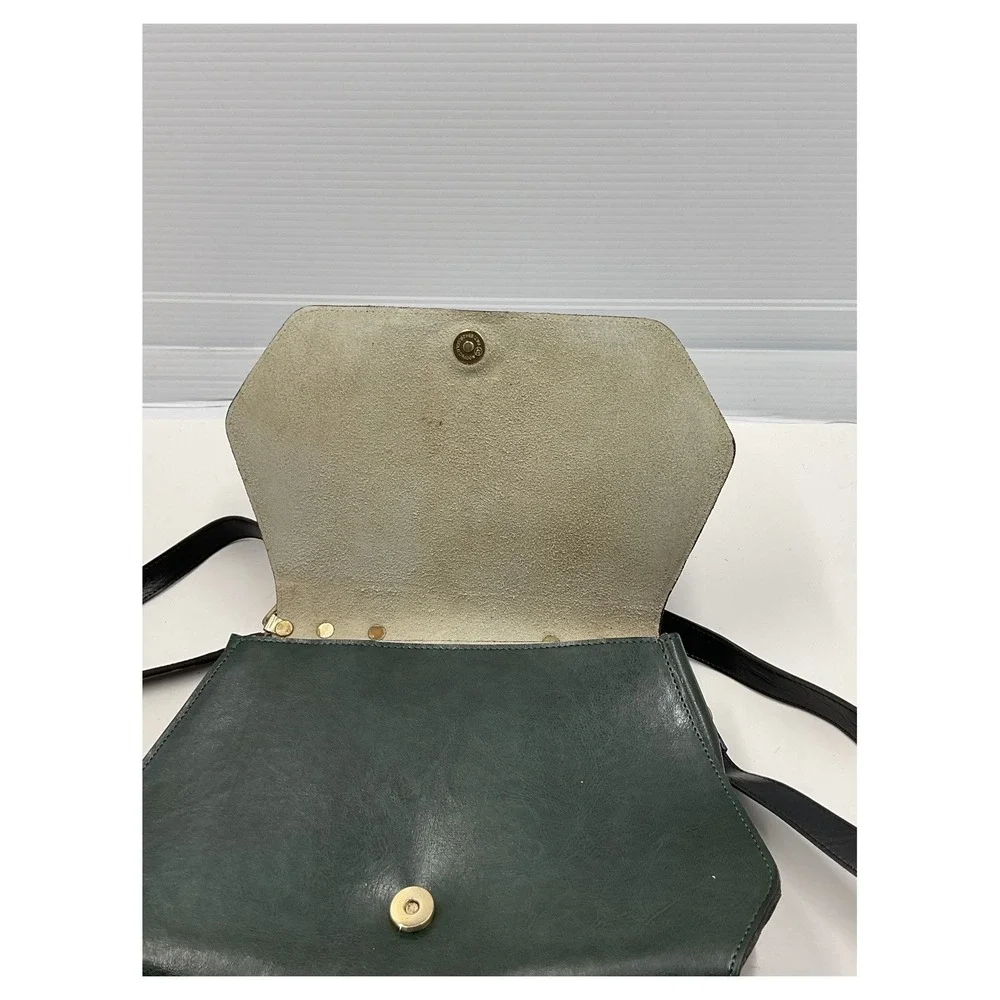 Vintage Gold Dragon Forest Green Leather‎ Satchel Crossbody Bag Retro 1980s